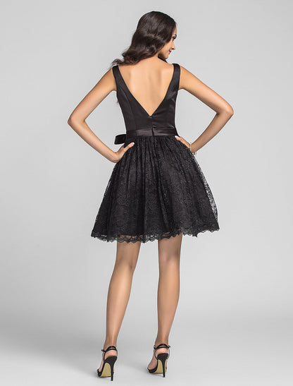 A-Line Bridesmaid Dress Sleeveless Little Black Dress Length Lace Draping