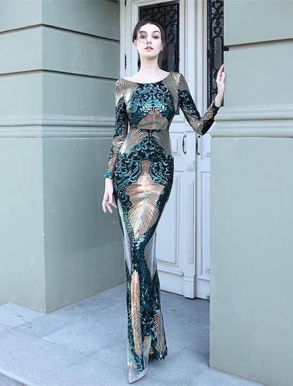 Prom Dresses Elegant Dress Formal Floor Length Long Sleeve Jewel Neck Sequined with