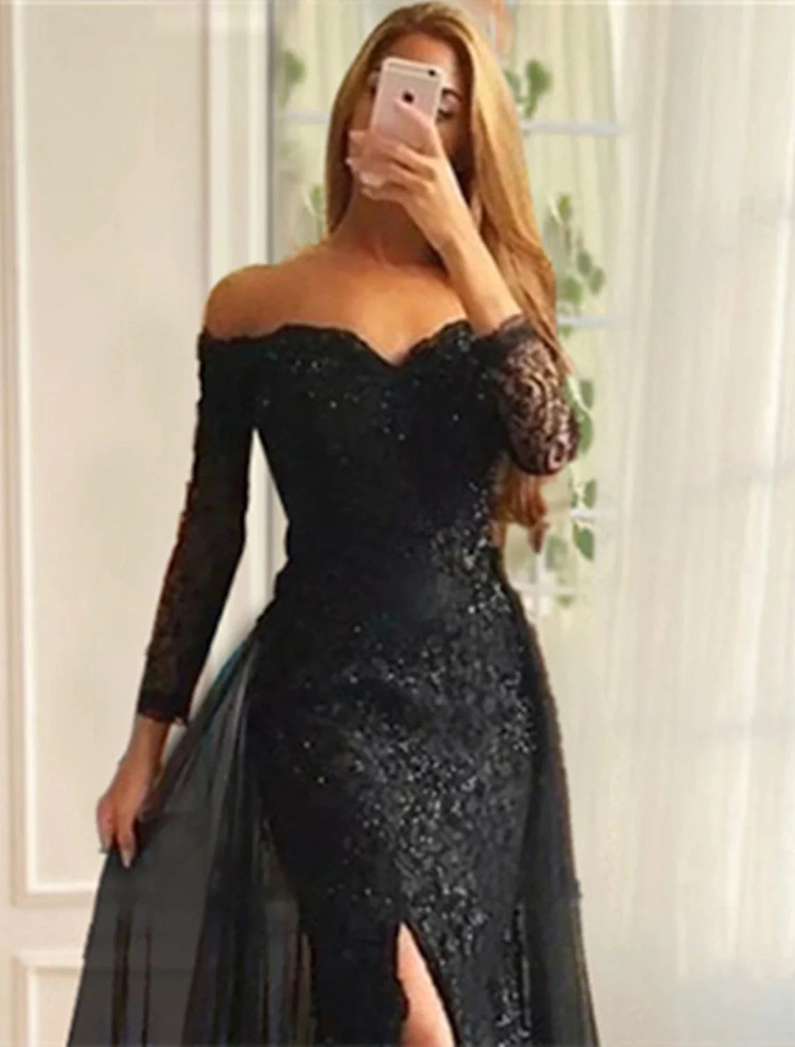 Mermaid / Trumpet Evening Gown Floral Dress Formal Sweep / Brush Train Long Sleeve Off Shoulder Chiffon with Sequin Slit Appliques