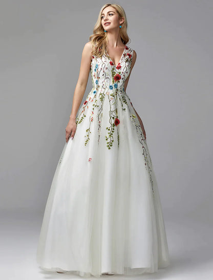 A-Line Dresses Floor Length Sleeveless V Neck Lace with Embroidery Appliques