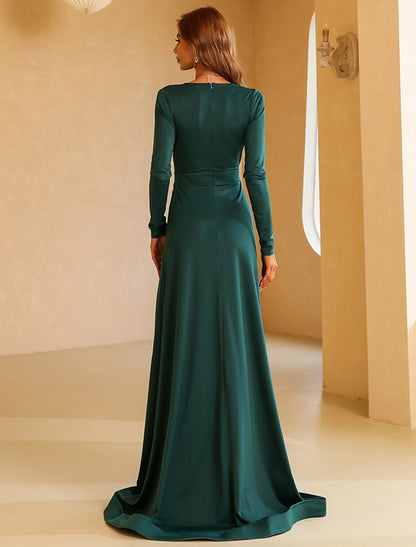 A-Line Evening Gown Vintage Dress Engagement Long Sleeve V Neck Polyester with Slit