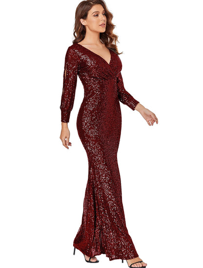 Sparkle Prom Formal Evening Dress V Neck Long Sleeve Floor Length Polyester with Cross Sequin