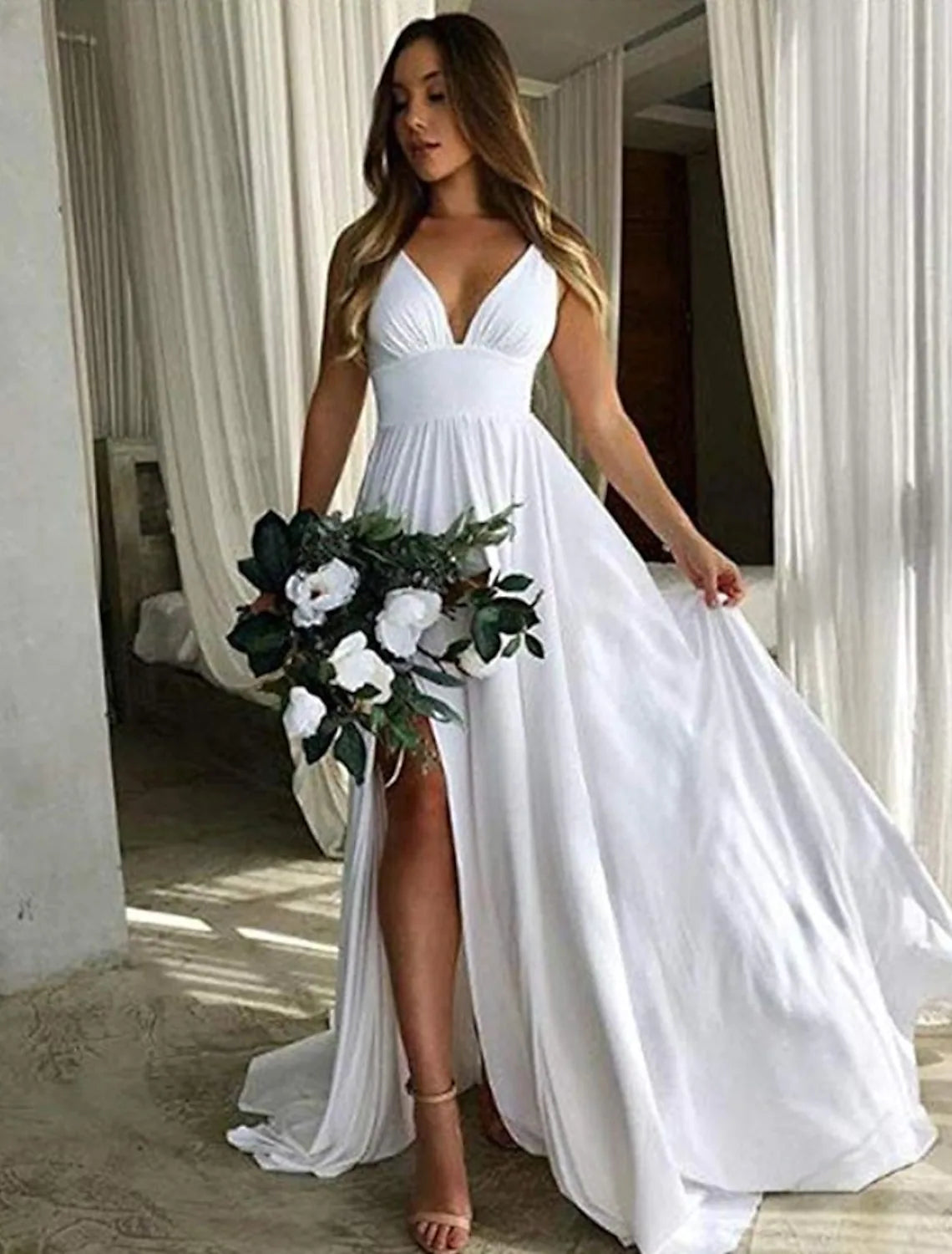 A-Line Bridesmaid Dress Sleeveless Floor Length Chiffon Pleats Split Front