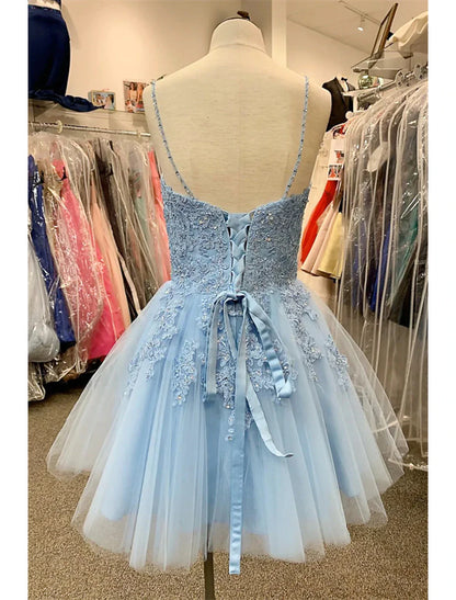 A-Line Homecoming Dresses Floral Dress Party Wear Cocktail Party Short / Mini Sleeveless Spaghetti Strap Tulle with Appliques