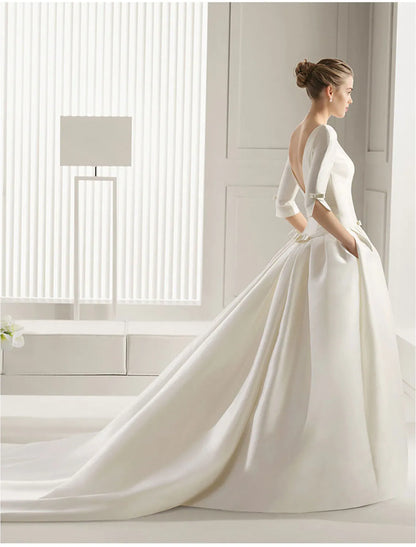 Engagement Formal Wedding Dresses A-Line Half Sleeve With Bow(s) Pleats