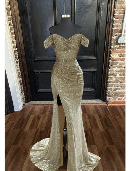 Mermaid / Trumpet Evening Gown Sparkle & Shine Dress Prom Floor Length Sleeveless Cowl Neck Sequined with Ruched