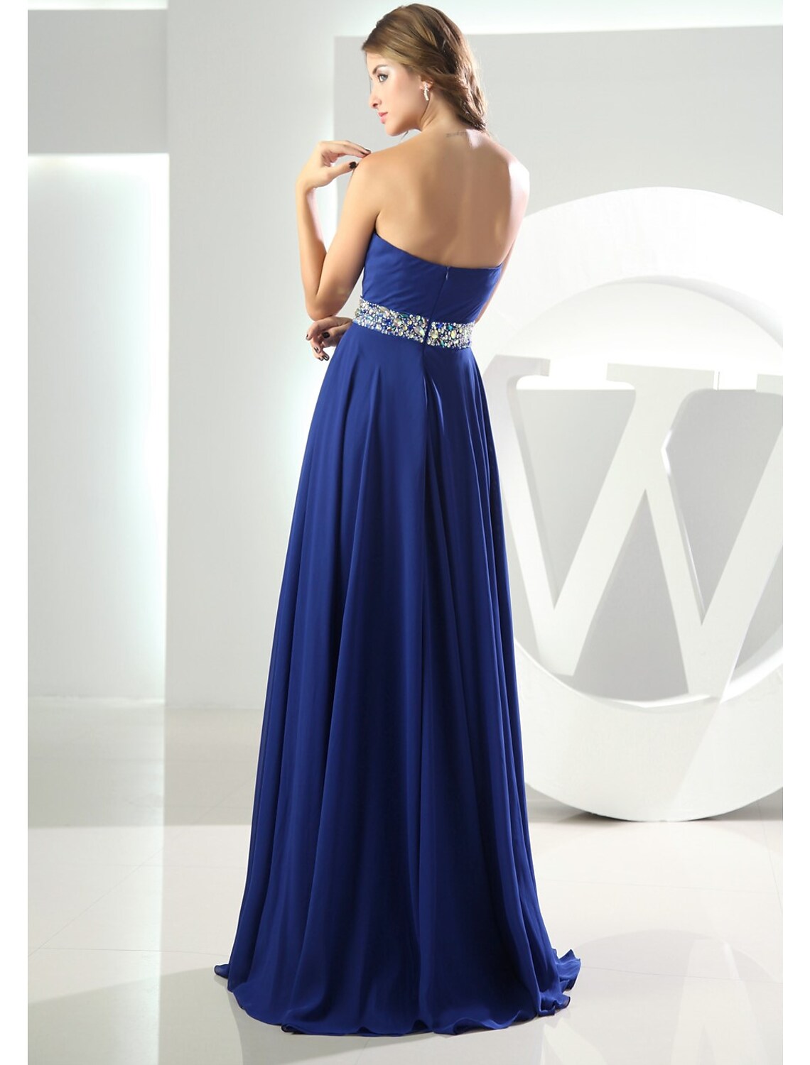 A-Line Evening Gown Dress Wedding Floor Length Sleeveless Sweetheart Chiffon with Crystals