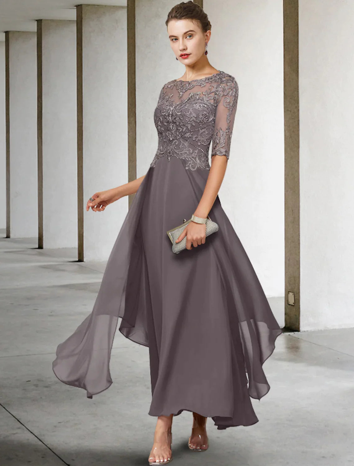 A-Line Mother of the Bride Dress Formal Wedding Elegant Asymmetrical Ankle Length Chiffon Lace Half Sleeve No Beading Appliques