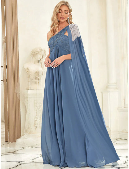 A-Line Evening Gown Empire Dress Wedding Guest Floor Length Sleeveless One Shoulder Chiffon with Crystals Shouder Flower Shawl