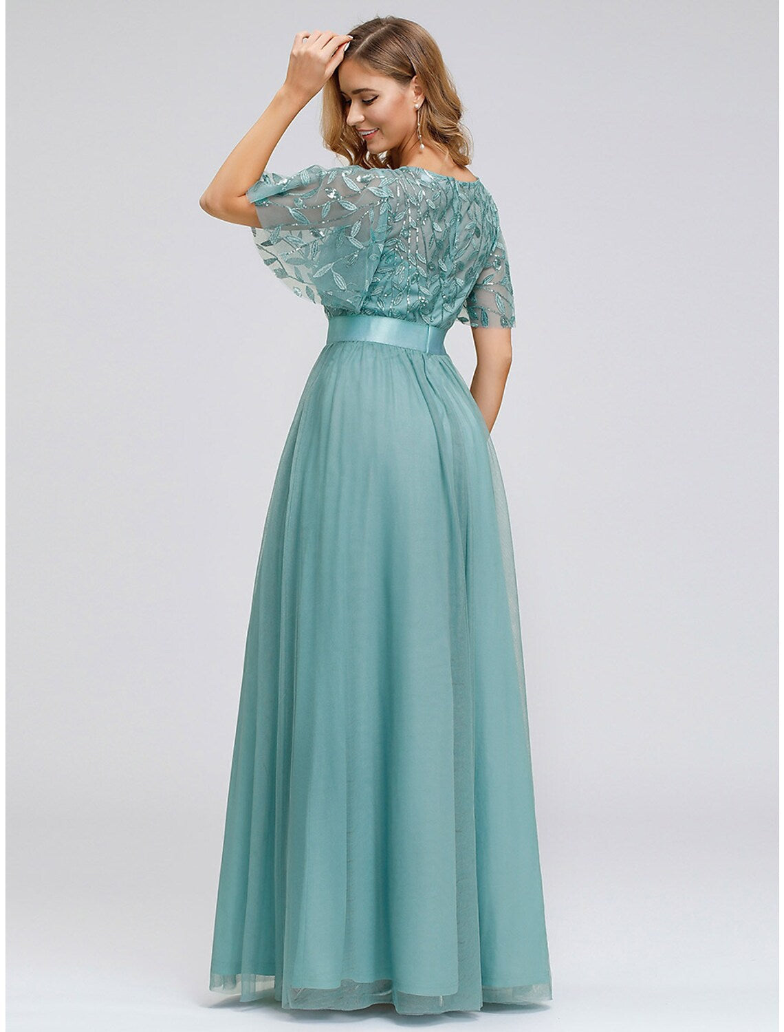 A-Line Prom Dresses Dress Wedding Guest Floor Length Short Sleeve Tulle with Sequin Appliques