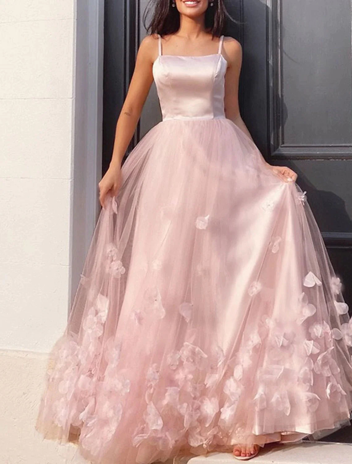 A-Line Prom Dresses Floral Dress Performance Floor Length Sleeveless Spaghetti Strap Tulle with Pleats Appliques