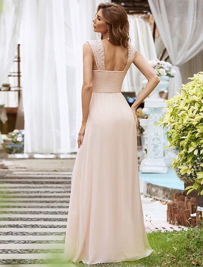 A-Line Elegant Formal Evening Dress Backless Sleeveless Floor Length Chiffon with Pleats