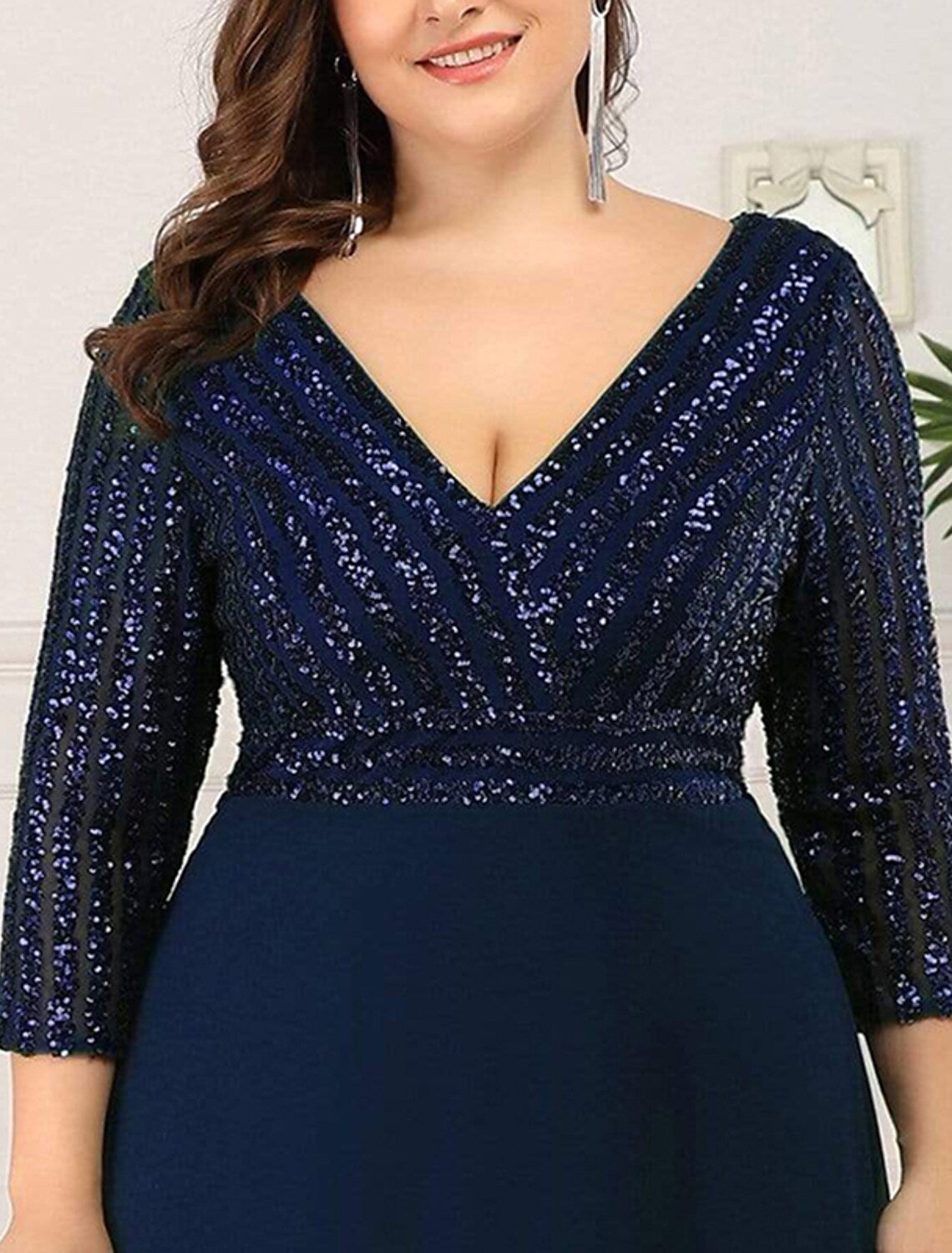 A-Line Evening Gown Plus Size Dress Wedding Guest Floor Length  Length Sleeve V Neck Chiffon V Back with Sequin
