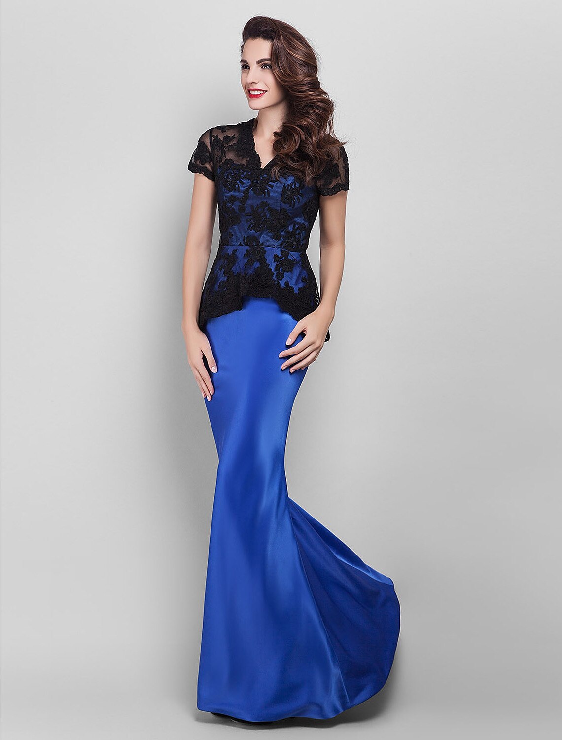 Holiday Cocktail Party Prom Dress V Neck Short Sleeve Floor Length Lace with Lace Appliques
