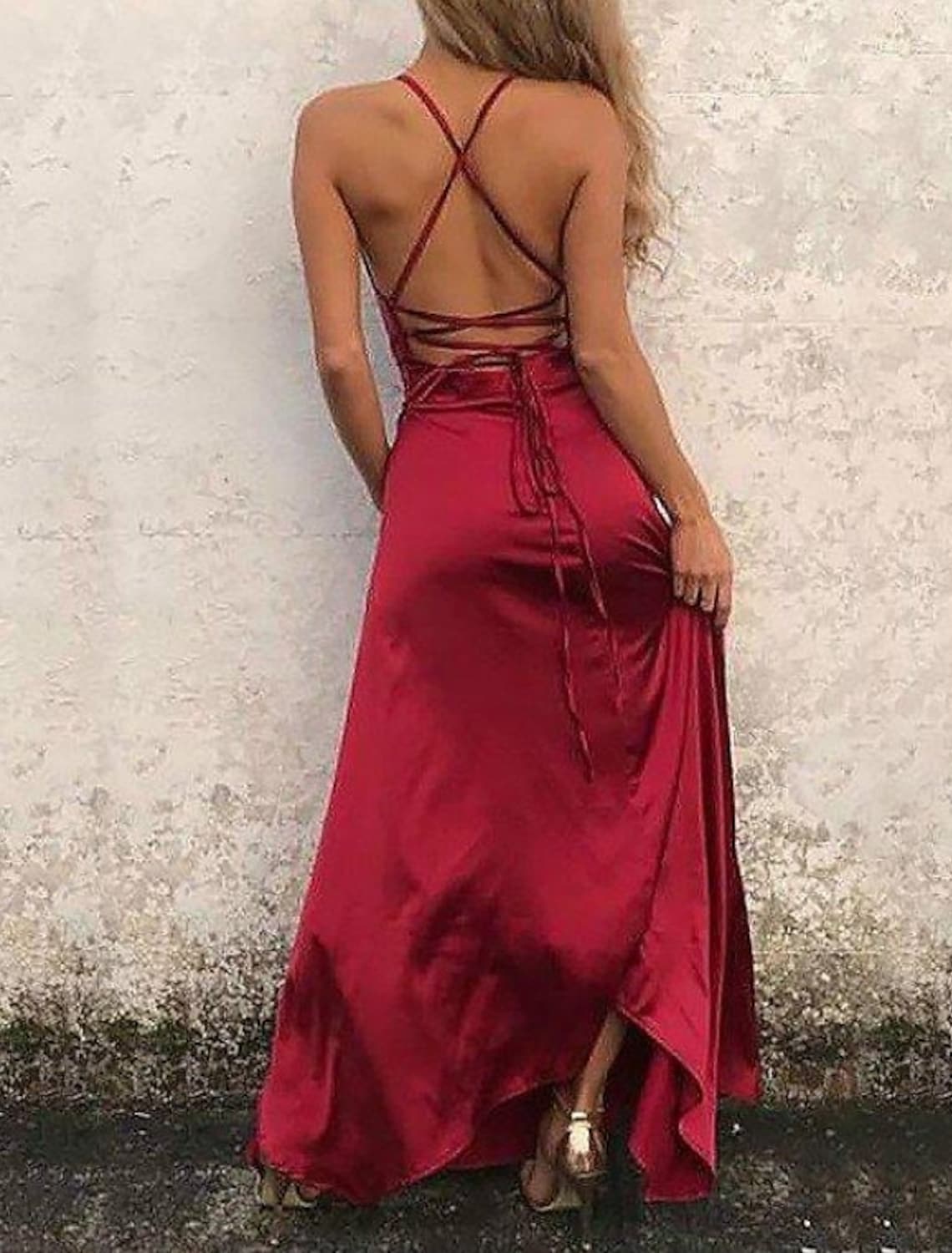 A-Line Beautiful Back Sexy High Split Engagement Prom Formal Evening Dress Strap Sleeveless Floor Length Satin with Ruffles Slit