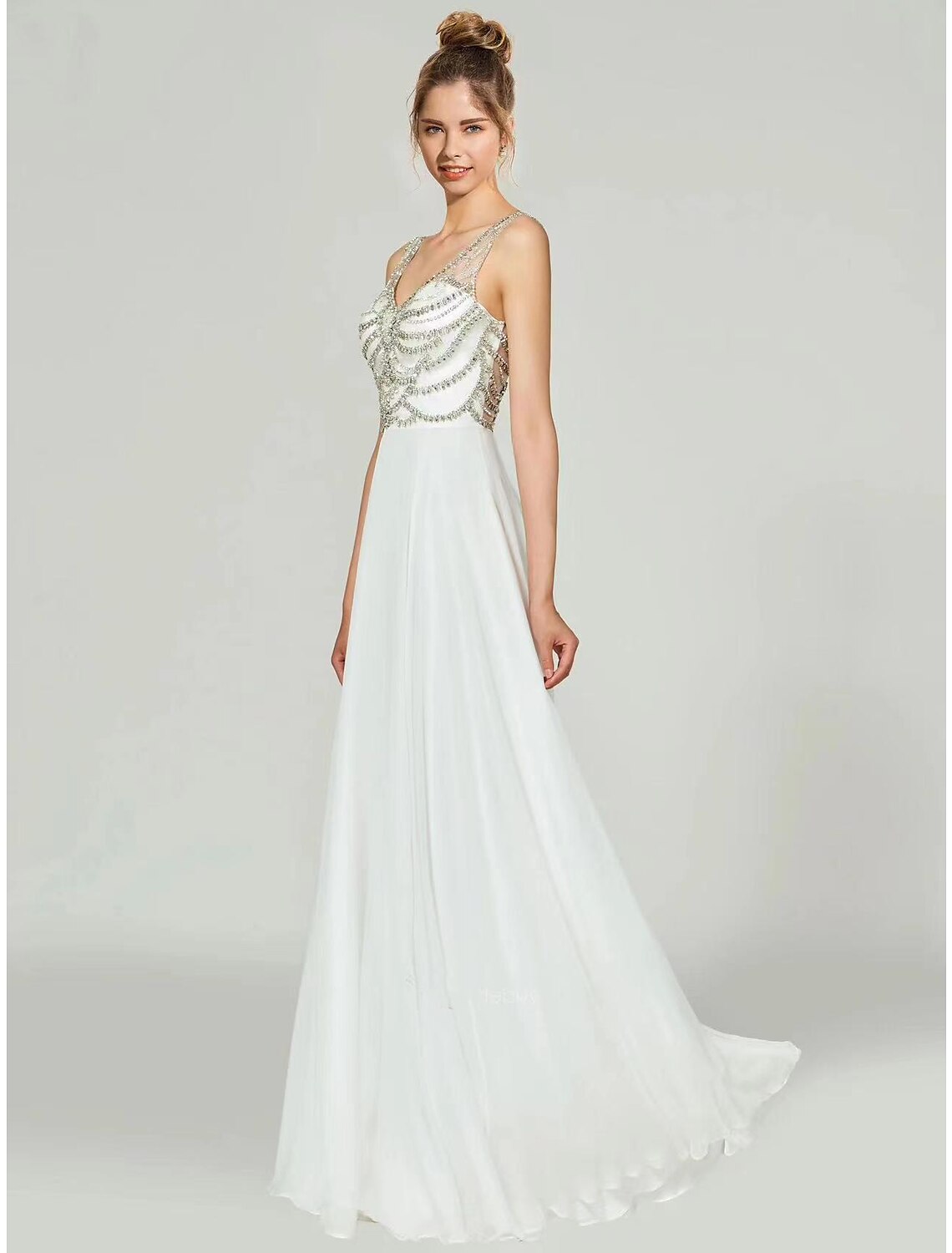 Evening Gown Beautiful Back Dress Wedding Guest Floor Length Sleeveless High Neck Chiffon with Appliques