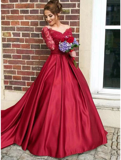 A-Line Evening Gown Floral Dress Sweet 16 Chapel Train Long Sleeve V Neck Satin with Appliques
