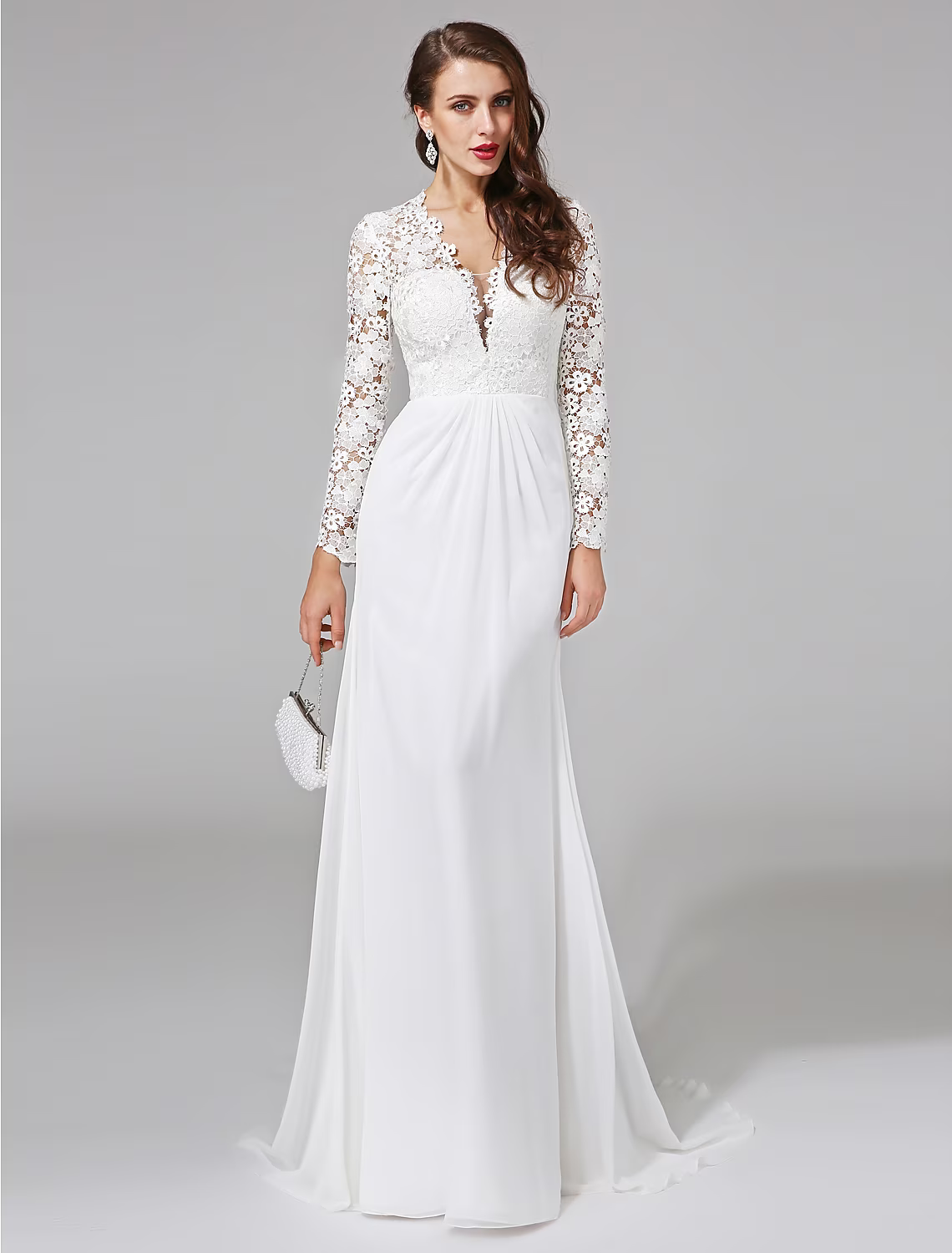 Beach Royal Style Wedding Dresses Long Sleeve V Neck Chiffon With Lace Button