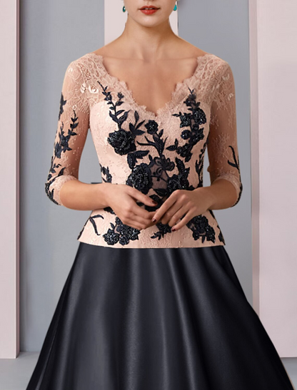 A-Line Mother of the Bride Dress Formal Wedding Guest Party Elegant V Neck Satin Lace Length Sleeve with Pleats
