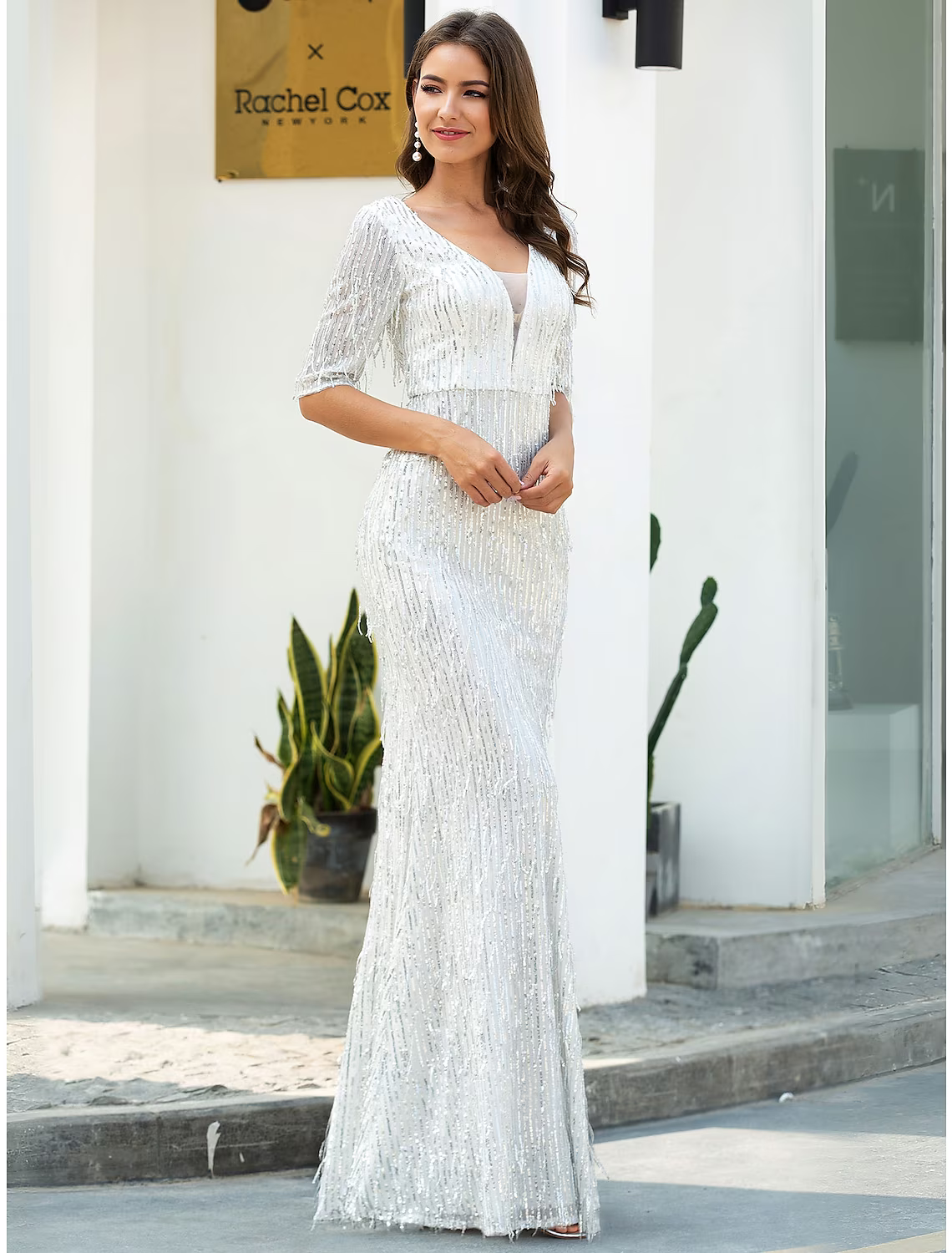 Evening Gown Glittering Dress Engagement Floor Length Half Sleeve V Neck Polyester with Sequin Tassel