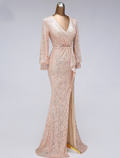 Evening Gown Elegant Dress Wedding Guest Floor Length Long Sleeve V Neck Tulle with Sequin Slit