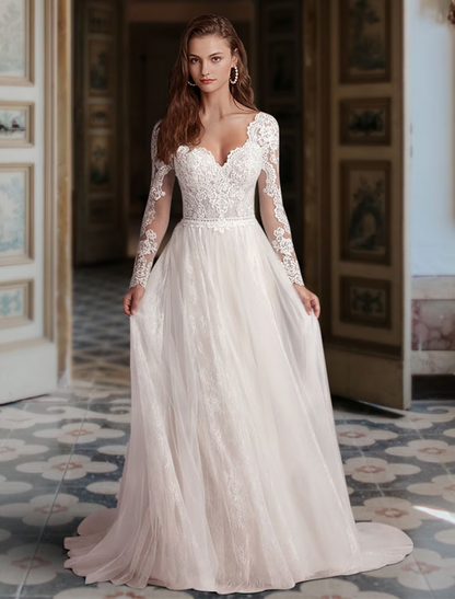 Engagement Formal Wedding Dresses Court Train A-Line Long Sleeve V Neck Lace With Appliques