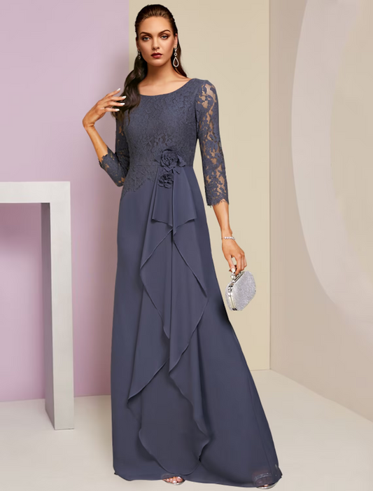 Mother of the Bride Dress Wedding Guest Party Elegant Scoop Neck Floor Length Chiffon Lace Sleeve with Ruffles Appliques