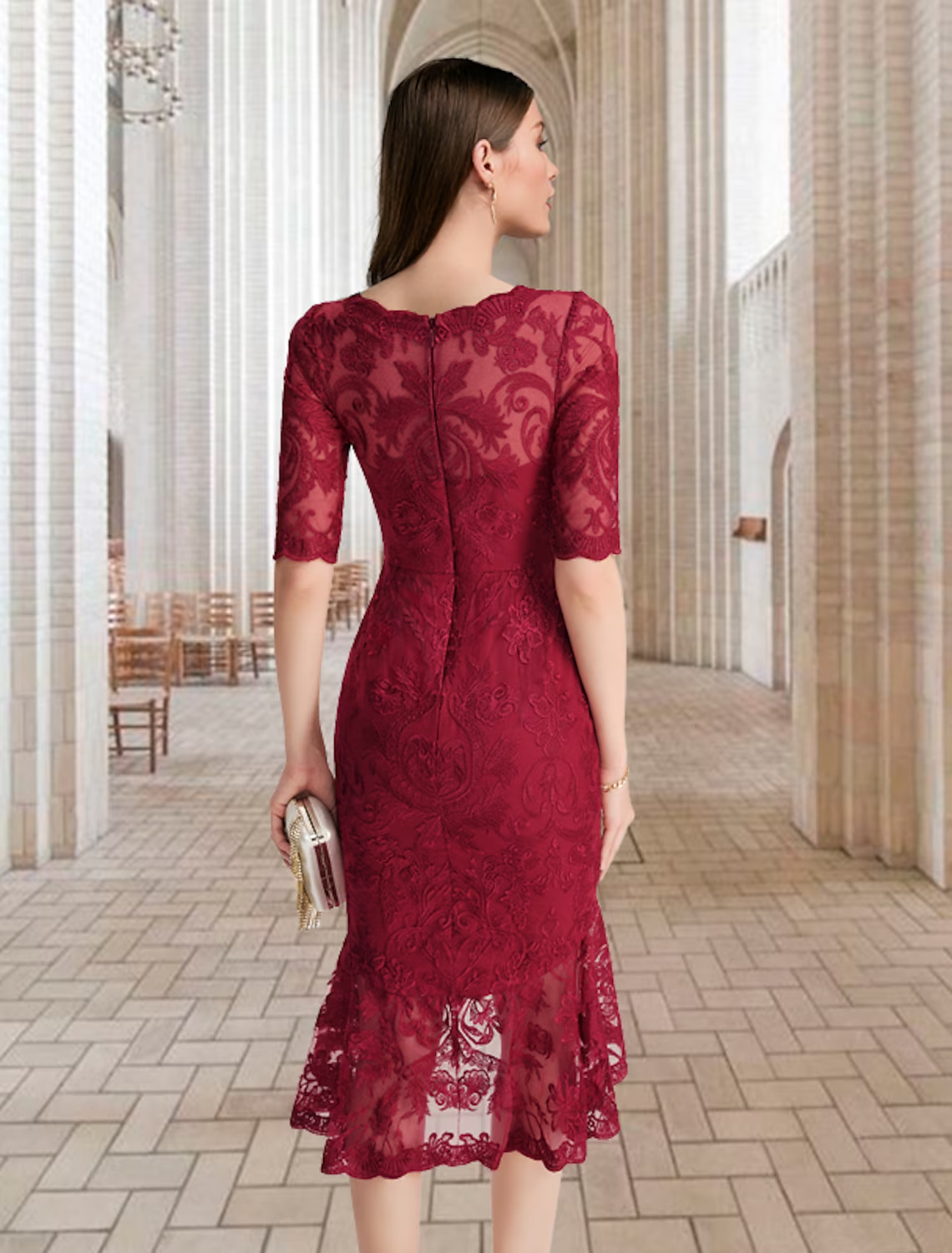 Mother of the Bride Dress Vintage Elegant High Low Square Neck Asymmetrical Lace Half Sleeve with Ruffles Appliques