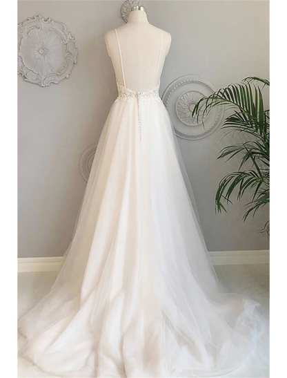 Beach Wedding Dresses A-Line Sleeveless Strap Lace With Buttons Appliques