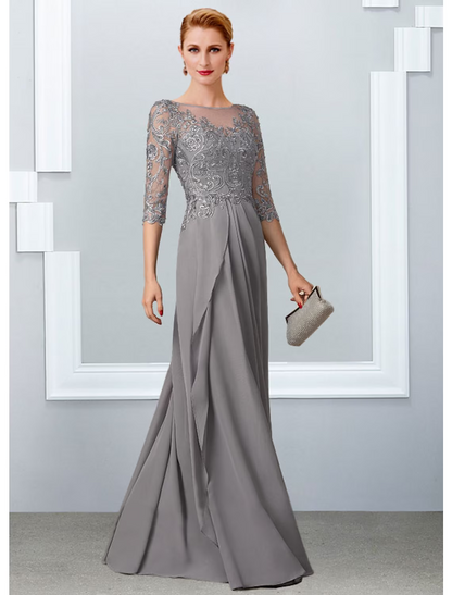 A-Line Mother of the Bride Dress Elegant Floor Length Chiffon Lace Half Sleeve with Appliques