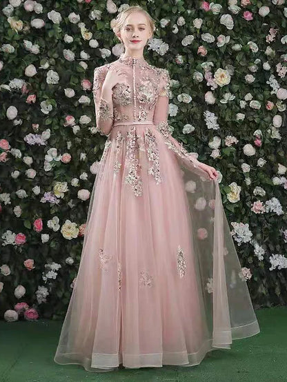 A-Line Cut Out Floral Prom Formal Evening Dress High Neck Long Sleeve Floor Length with Embroidery