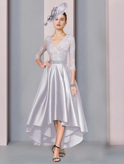 A-Line Mother of the Bride Dress Formal Elegant V Neck Asymmetrical Ankle Length Satin Lace Sleeve with Crystals Appliques