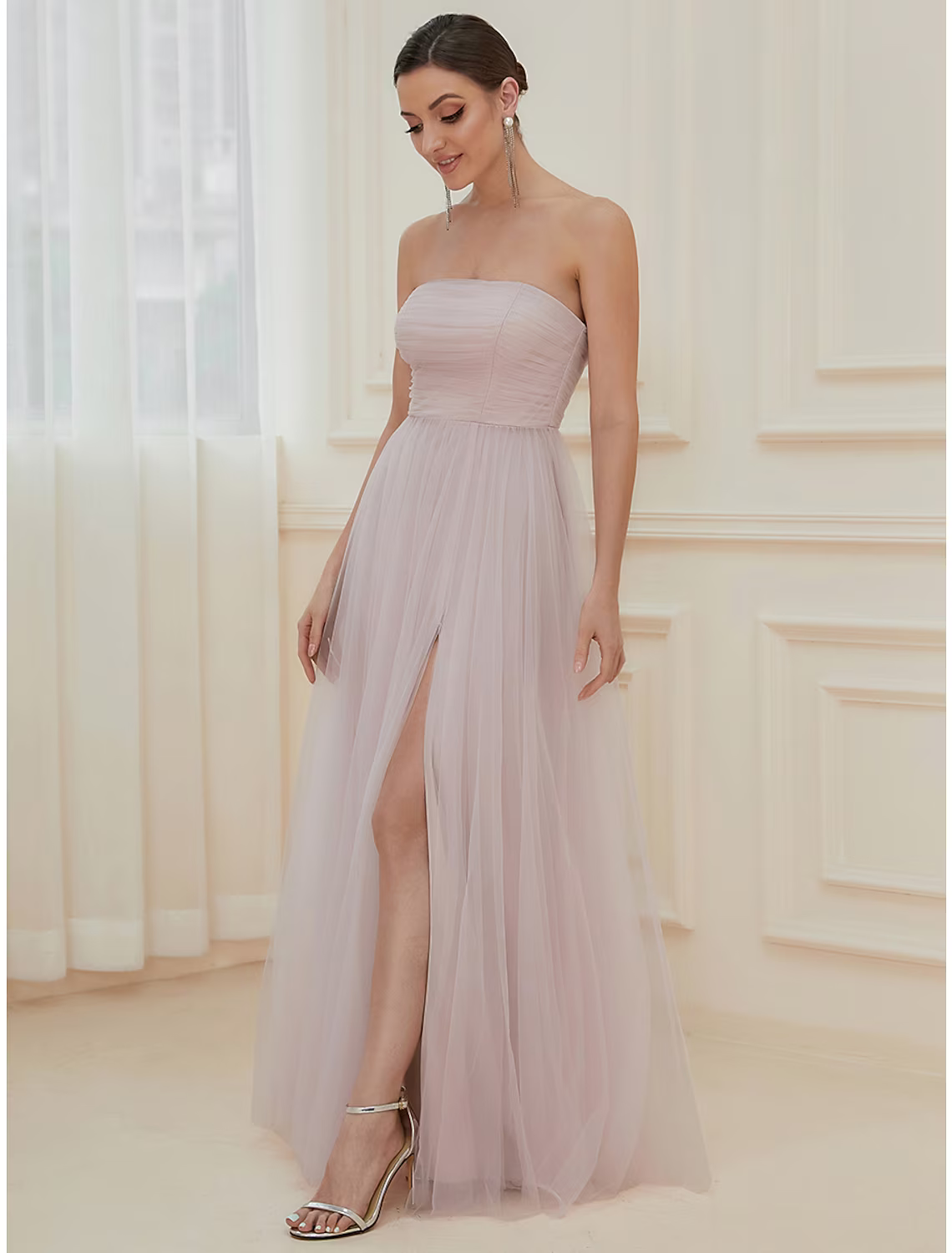 A-Line Evening Gown Elegant Dress Wedding Guest Floor Length Sleeveless Off Shoulder Tulle with Tiered