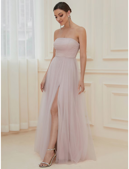 A-Line Evening Gown Elegant Dress Wedding Guest Floor Length Sleeveless Off Shoulder Tulle with Tiered
