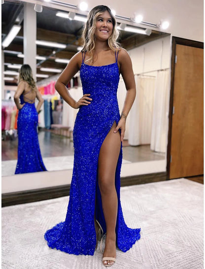 Mermaid / Trumpet Prom Dresses Sparkle & Shine Dress Formal Sweep / Brush Train Sleeveless Spaghetti Strap Sequined Backless with Sequin Slit