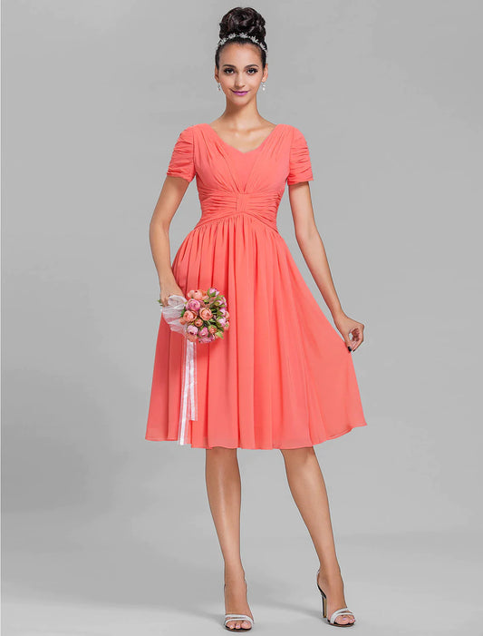 Bridesmaid Dress V Neck Short Sleeve Vintage Inspired Knee Length Chiffon with Ruched Draping