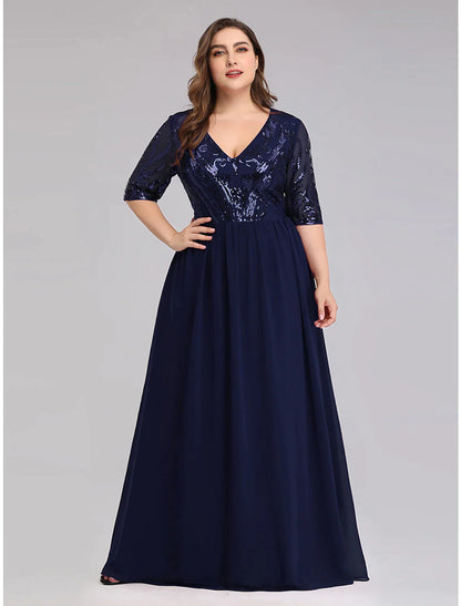 A-Line Prom Dresses Plus Size Dress Wedding Guest Floor Length Half Sleeve Plunging with