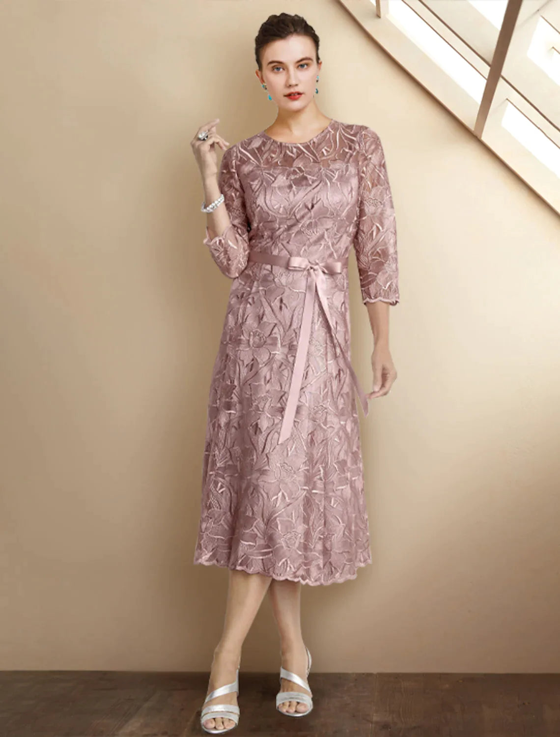 A-Line Mother of the Bride Dress Elegant Lace Charmeuse Sleeve with Bow(s) Appliques