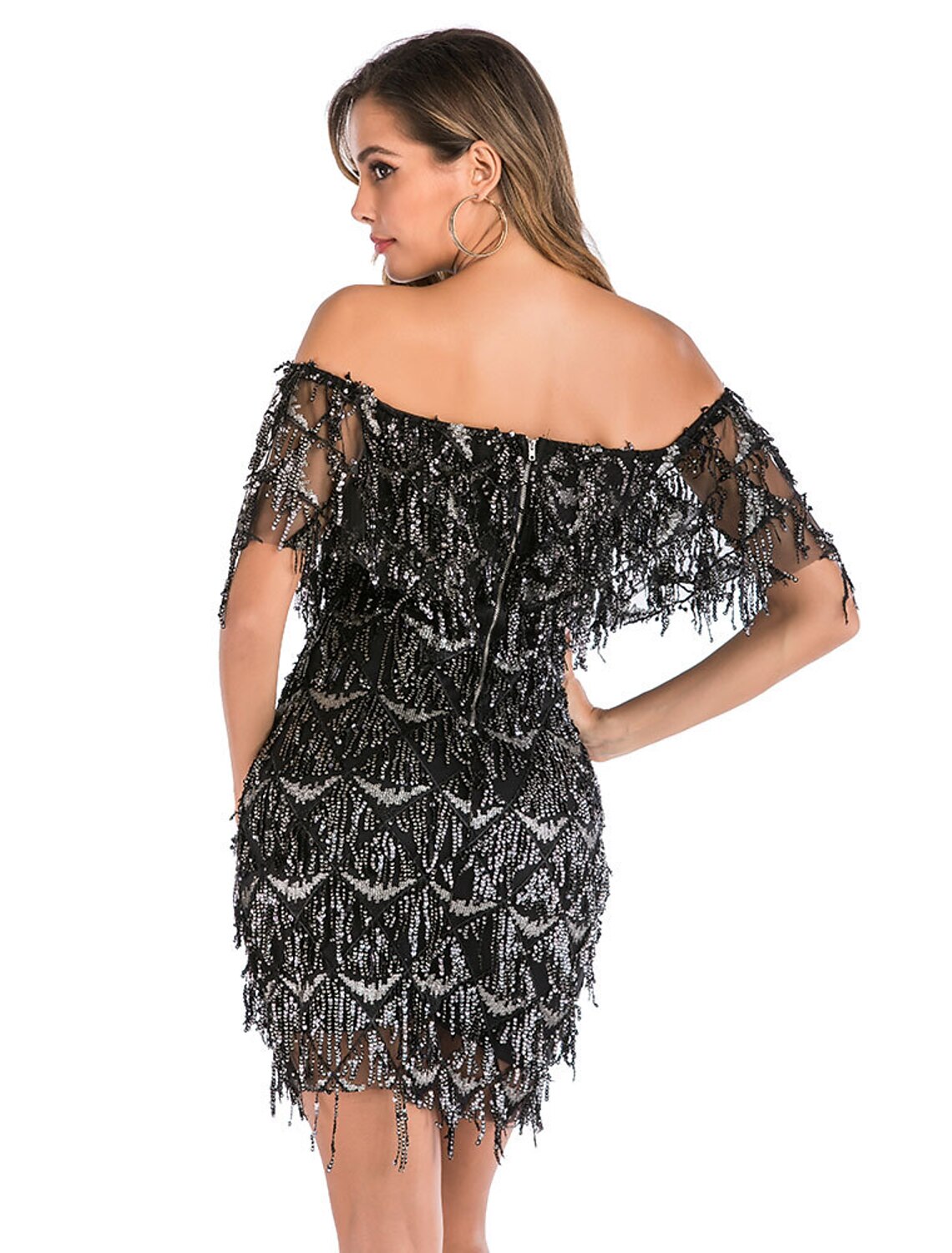 Party Dresses Flapper Dress Party Wear Knee Length Short Sleeve V Neck Sequined Backless with Sequin Tiered