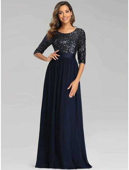 A-Line Elegant Wedding Guest Formal Evening Dress Length Sleeve Floor Length Tulle with Sequin