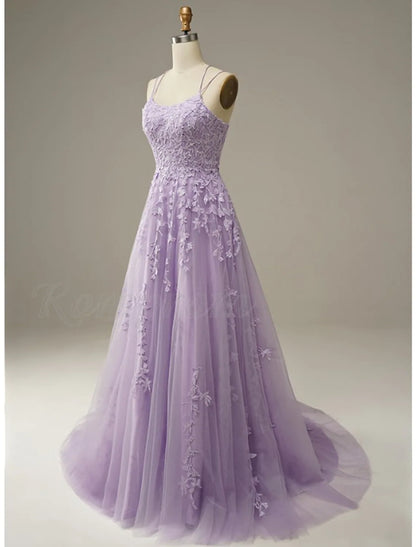 A-Line Prom Dresses Floral Dress Formal Sleeveless Strap Tulle with Appliques