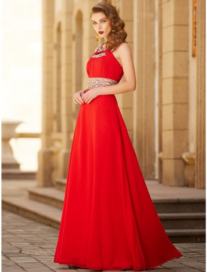 A-Line Evening Gown Sparkle & Shine Dress Party Wear Floor Length Sleeveless Halter Chiffon with Rhinestone Slit