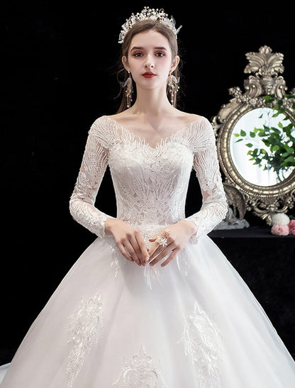 Engagement Formal Wedding Dresses Long Sleeve Off Shoulder Lace Beading