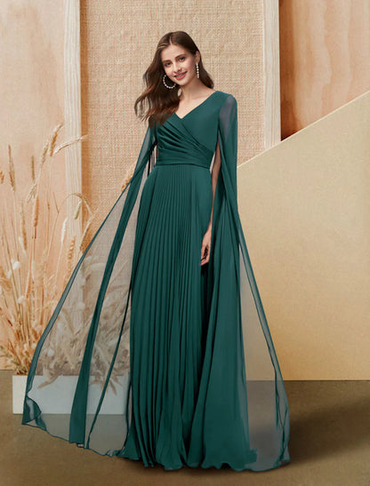 A-Line Evening Gown Dress Prom Floor Length Long Sleeve V Neck Chiffon with Sleek Pleats