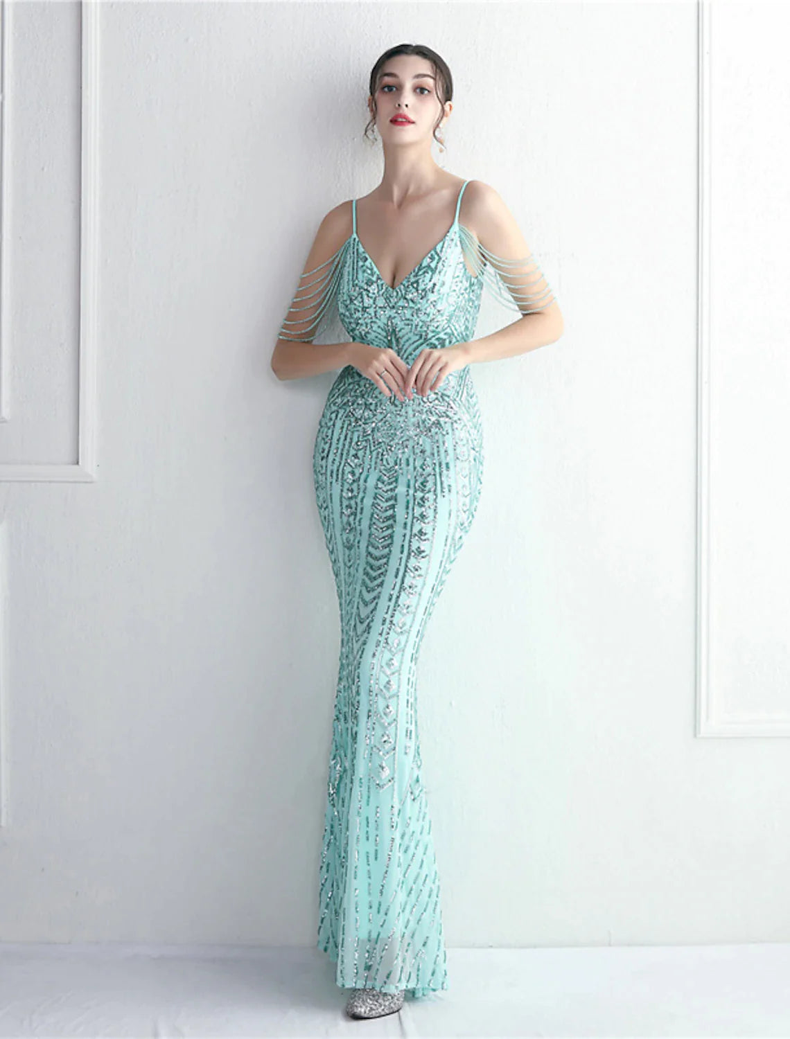 Mermaid / Trumpet Evening Gown Sparkle & Shine Dress Formal Floor Length Short Sleeve Spaghetti Strap Polyester with Beading Sequin