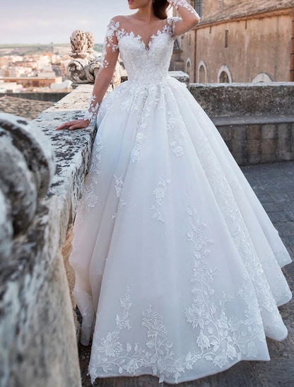 Engagement Open Back Sexy Formal Wedding Dresses Chapel Train Ball Gown Long Sleeve V Neck Lace With Appliques