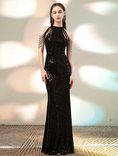 Evening Gown Dress Party Floor Length Sleeveless Halter Sequined with Beading