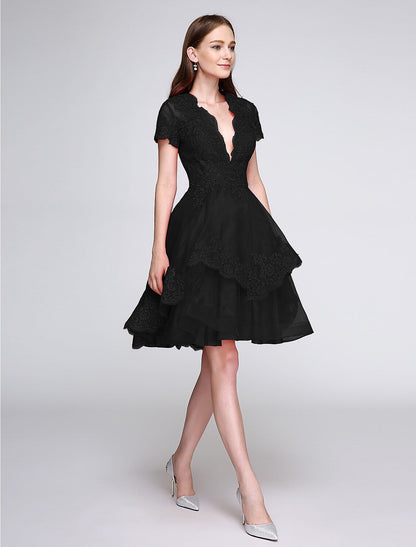 Cute Dress Cocktail Party Knee Length Short Sleeve Neck Organza Appliques