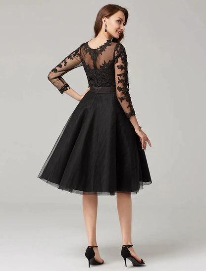 A-Line Elegant Dress Wedding Guest Knee Length 3/4 Length Sleeve Illusion Neck Tulle Over Lace with Appliques