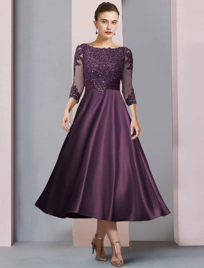 A-Line Mother of the Bride Dress Wedding Elegant Satin Lace Half Sleeve with Sequin Appliques